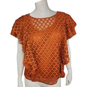 Du Jour Crew Neck Ruffle Lace Top Orange Rust Small A378507 NWOT Ruffle Sleeve